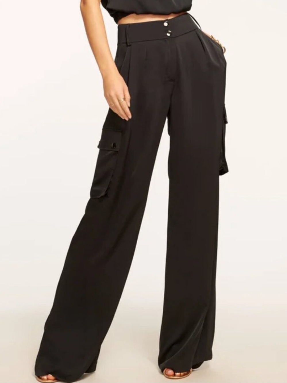 RAMY BROOK Black Rumer Satin Wide Leg High Waist Cargo Pants 4